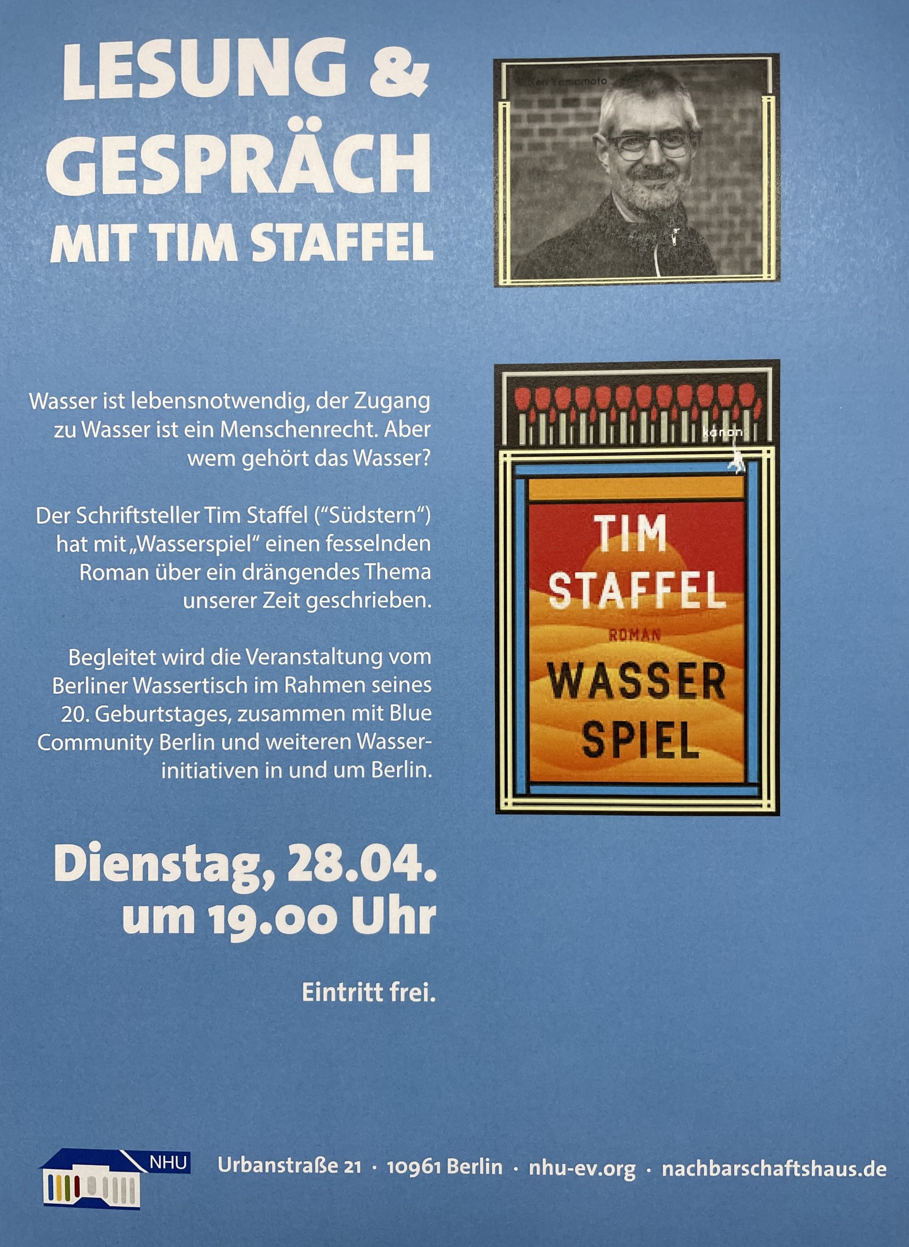 28.04.2026: Buchvorstellung „Wasserspiel“ von Tim Staffel & 20 Jahre Berliner Wassertisch im Nachbarschaftshaus